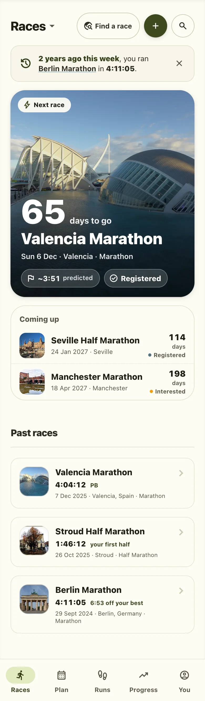 The Races tab, with Valencia Marathon as the next race, its predicted finish, and the races after it